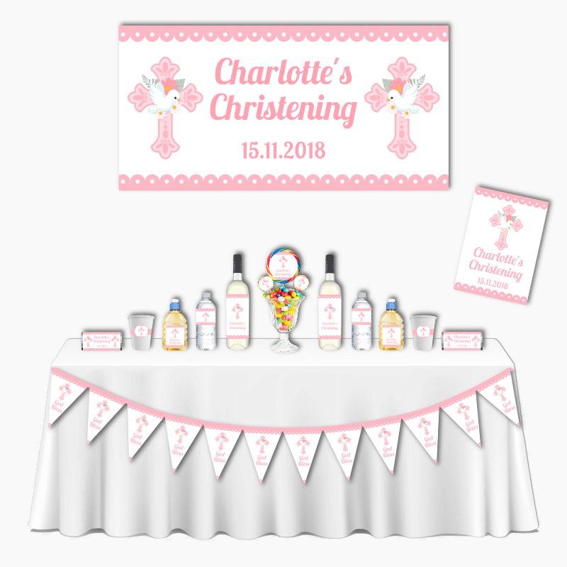 Personalised Pink &amp; White Dove Deluxe Christening Decorations Pack