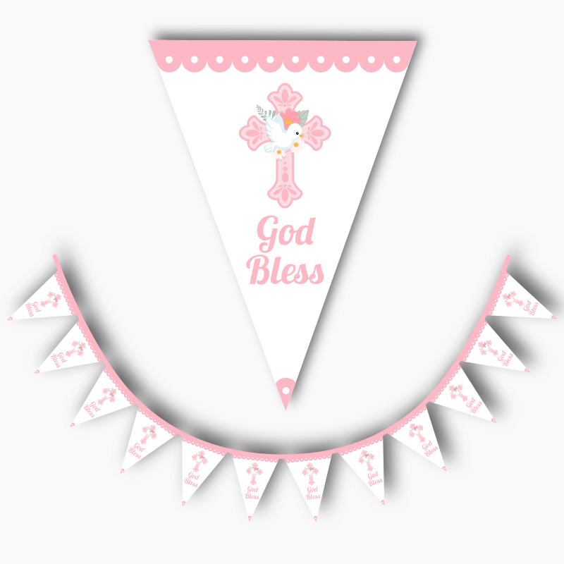 Personalised Pink &amp; White Dove Christening Flag Bunting - God Bless
