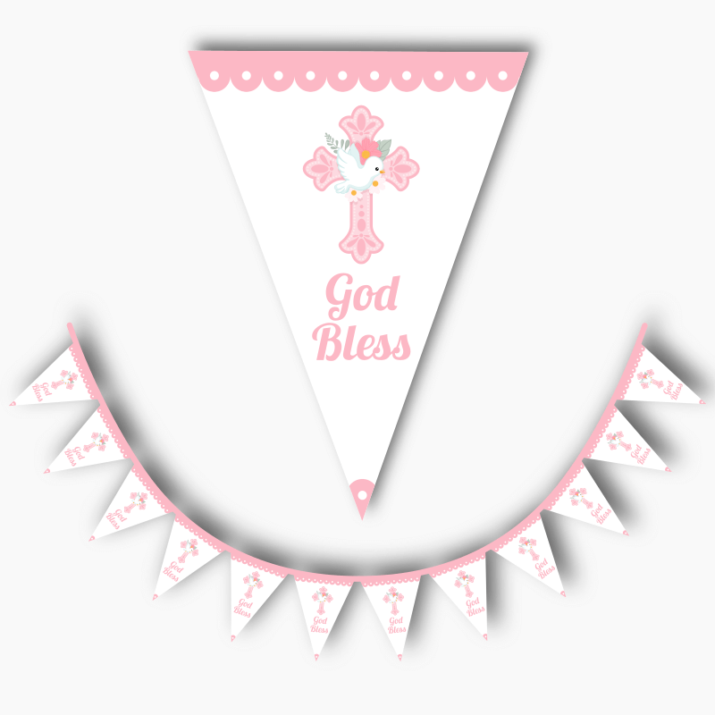 Personalised Pink & White Dove Christening Flag Bunting - God Bless