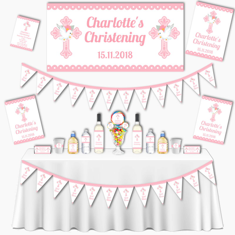 Personalised Pink &amp; White Dove Grand Christening Decorations Pack