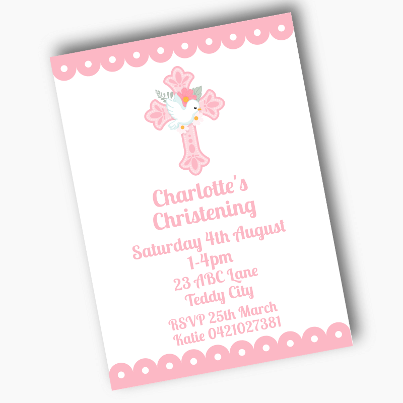 Personalised Pink &amp; White Dove Christening Party Invites