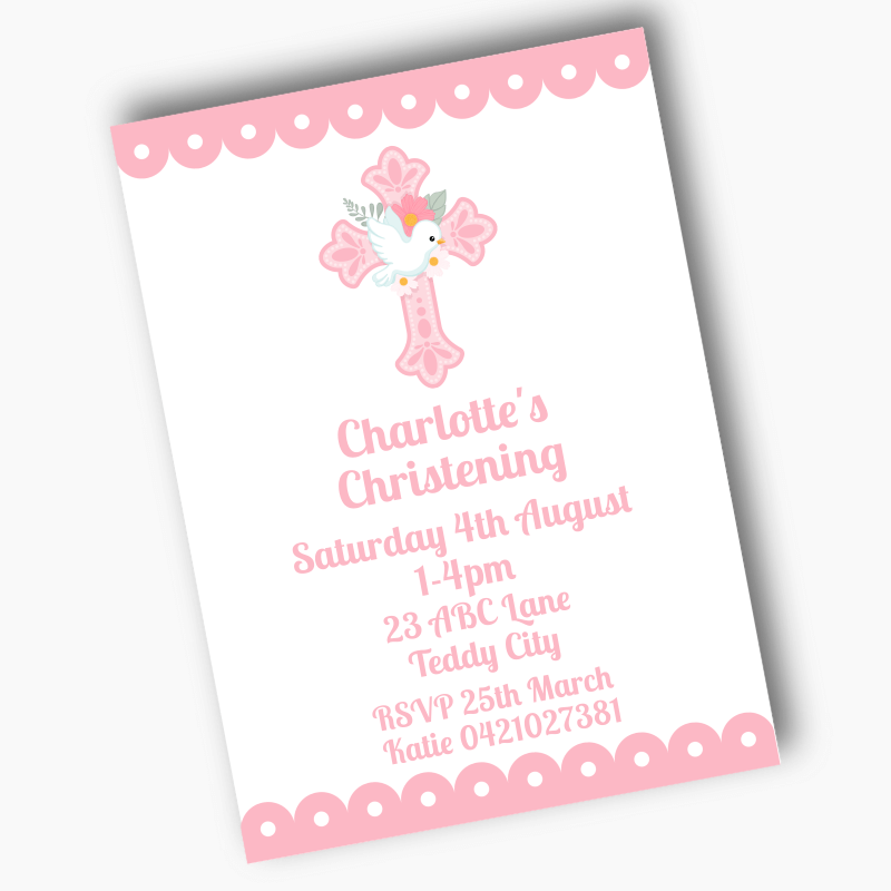 Personalised Pink & White Dove Christening Party Invites
