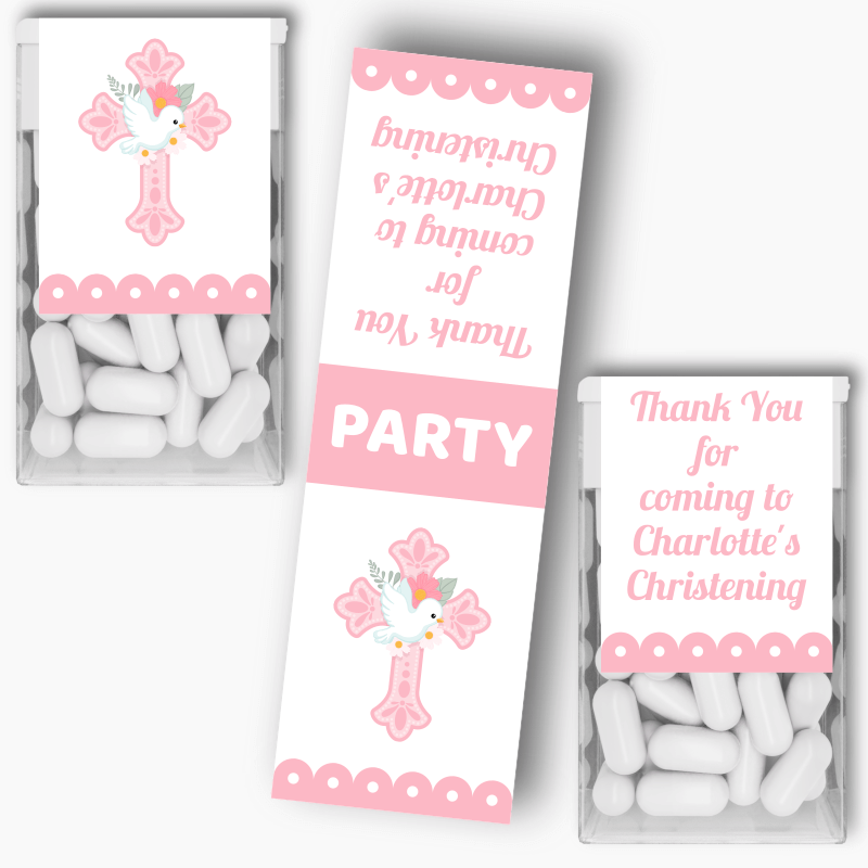 Personalised Pink &amp; White Dove Christening Tic Tac Labels