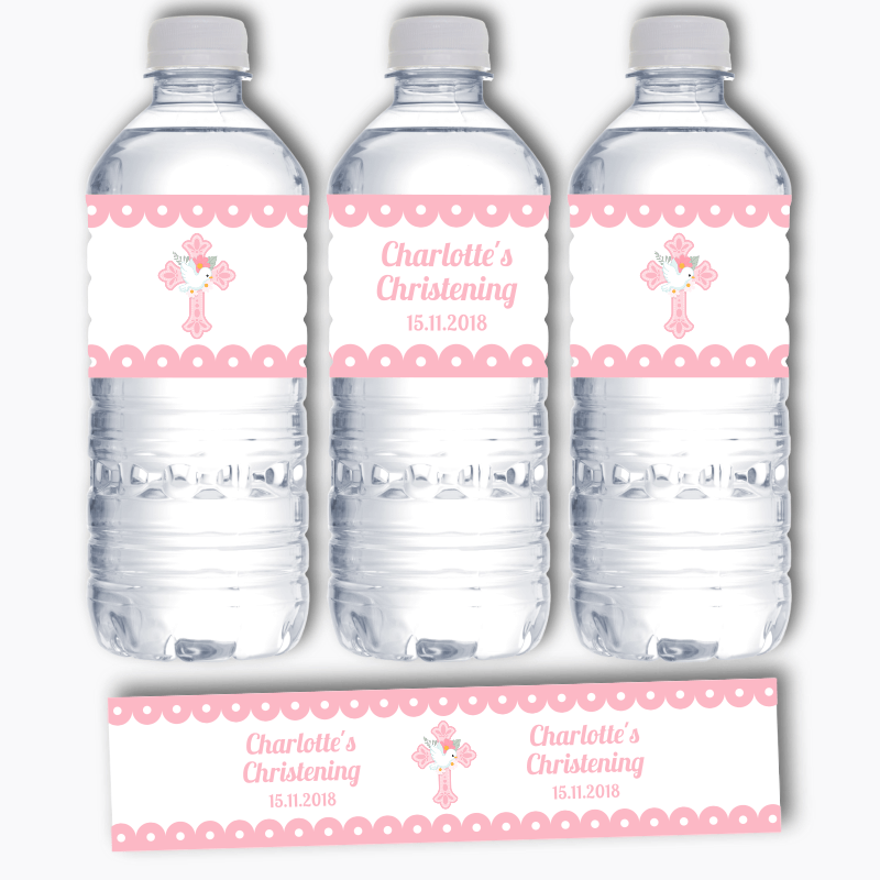Personalised Pink &amp; White Dove Christening Water Bottle Labels