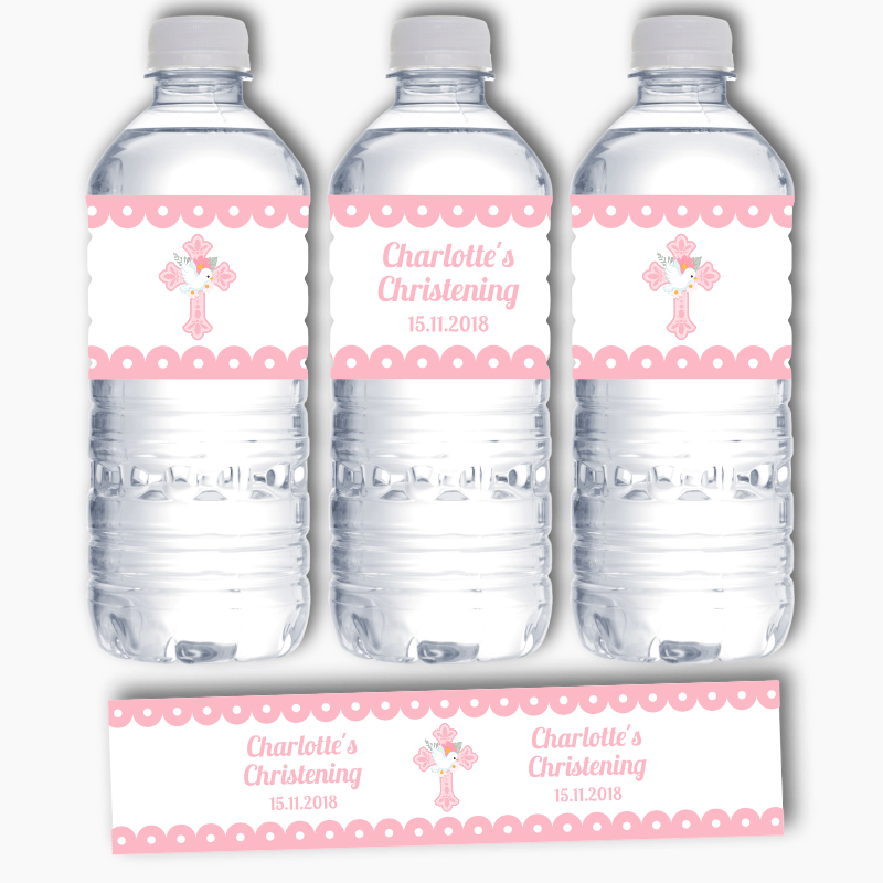 Personalised Pink & White Dove Christening Water Bottle Labels