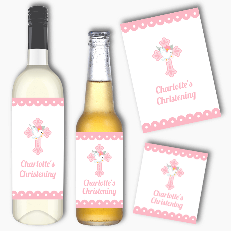 Personalised Pink &amp; White Dove Christening Wine &amp; Beer Labels