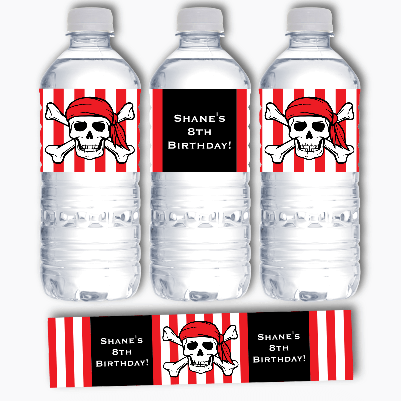 Personalised Pirate Skull &amp; Crossbones Birthday Party Water Bottle Labels