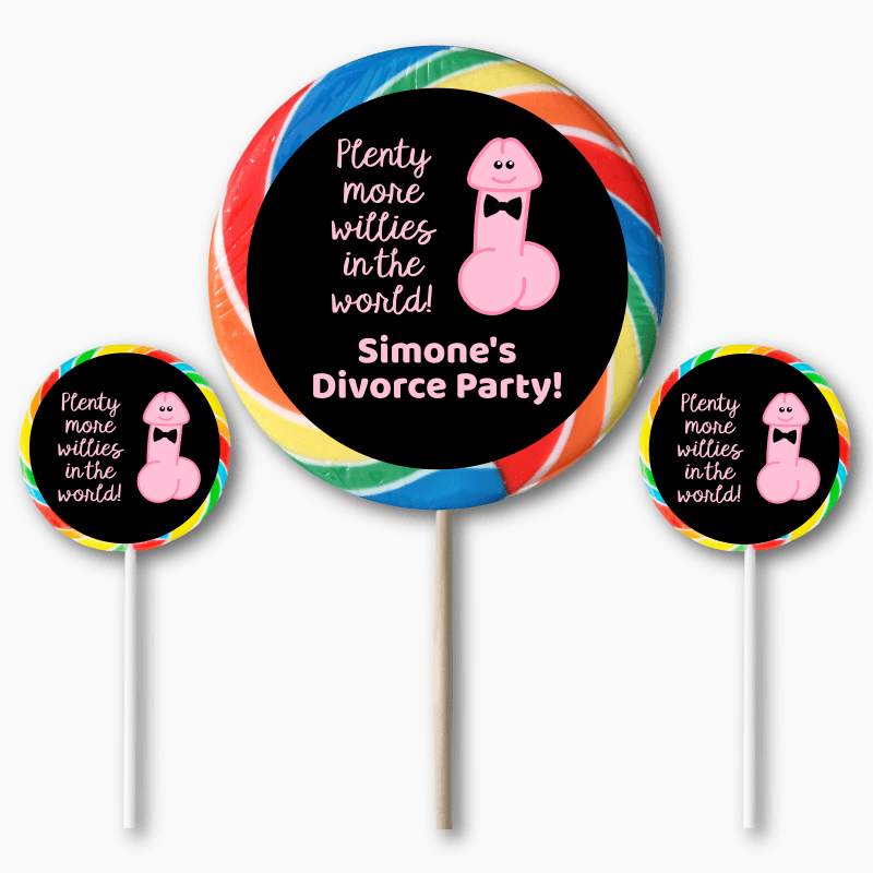 Personalised Plenty More Willies Divorce Party Round Lollipop Stickers