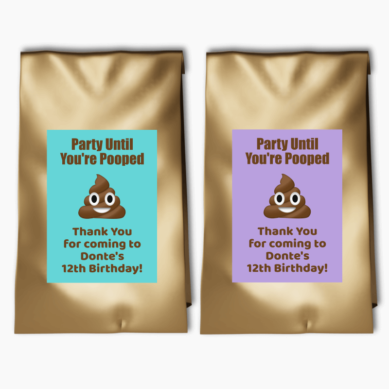 Personalised Poop Emoji Birthday Party Bags &amp; Labels