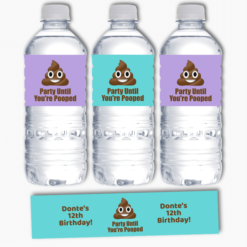 Personalised Poop Emoji Birthday Party Water Bottle Labels
