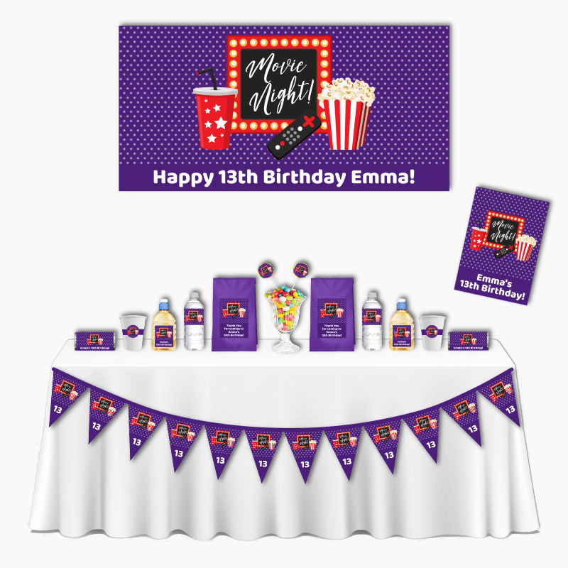 Personalised Purple Movie Night Deluxe Birthday Party Decorations Pack
