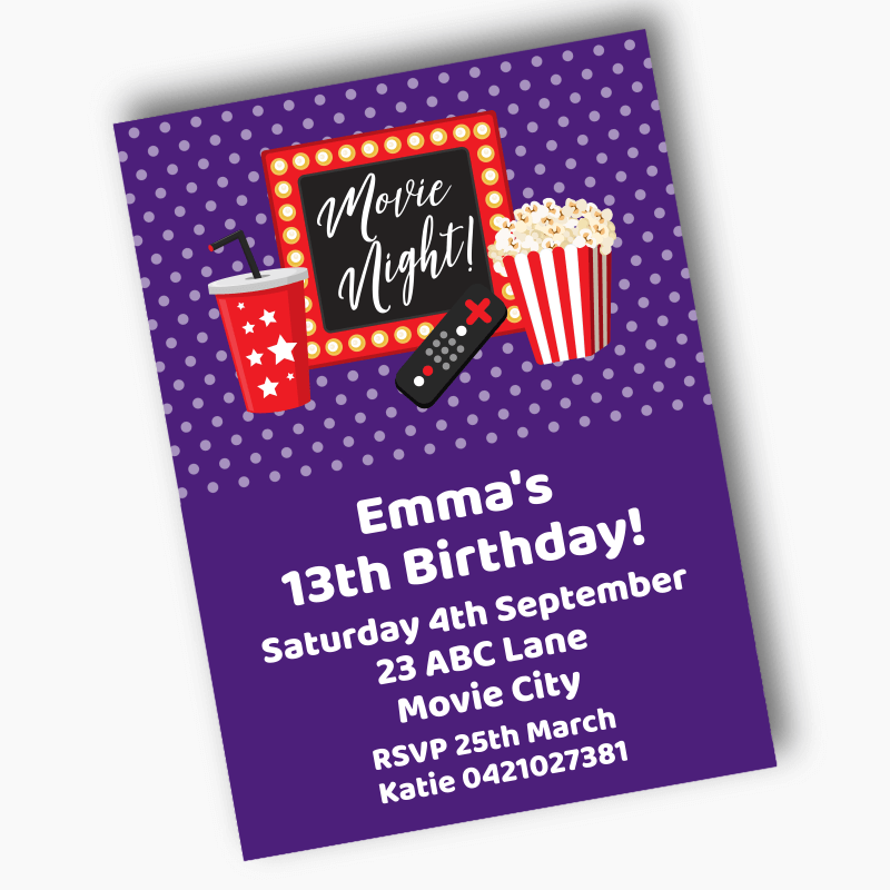 Personalised Purple Movie Night Birthday Party Invites