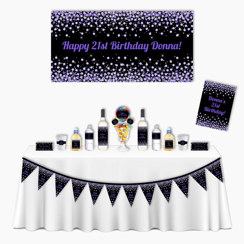 Purple &amp; Black Confetti Deluxe Adults Birthday Party Pack