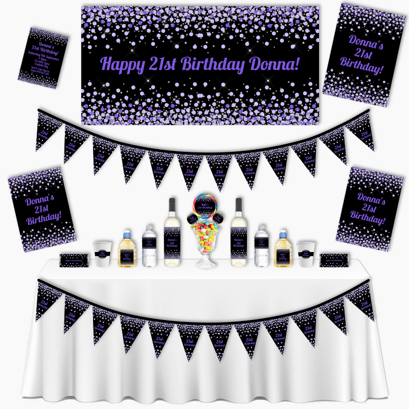 Purple &amp; Black Confetti Grand Adults Birthday Party Pack