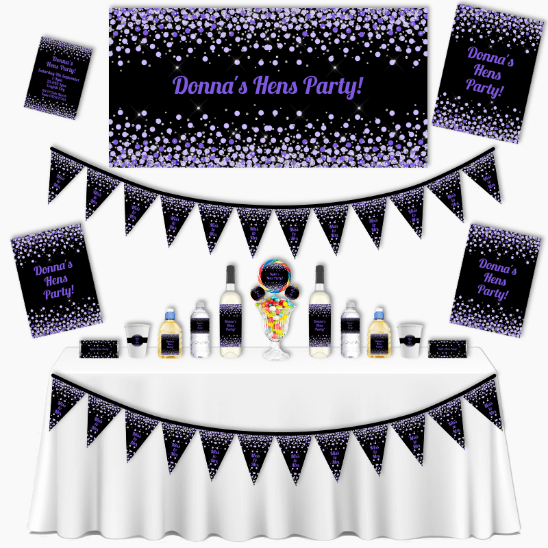 Personalised Purple, Black &amp; Silver Confetti Grand Hens Party Decorations Pack