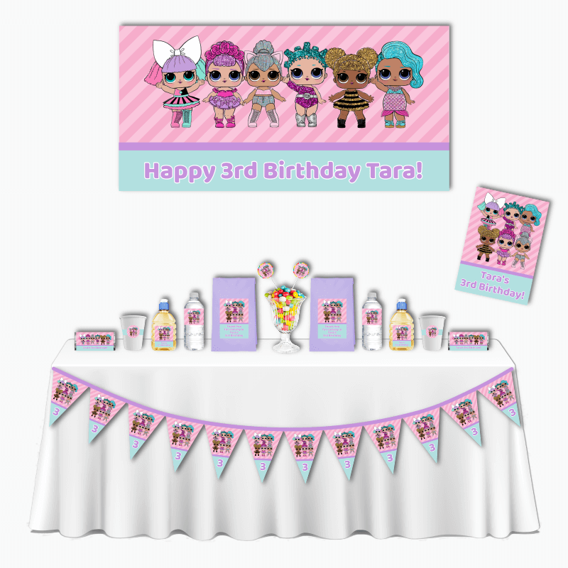 Personalised Purple &amp; Pink Stripe LOL Dolls Deluxe Birthday Party Pack