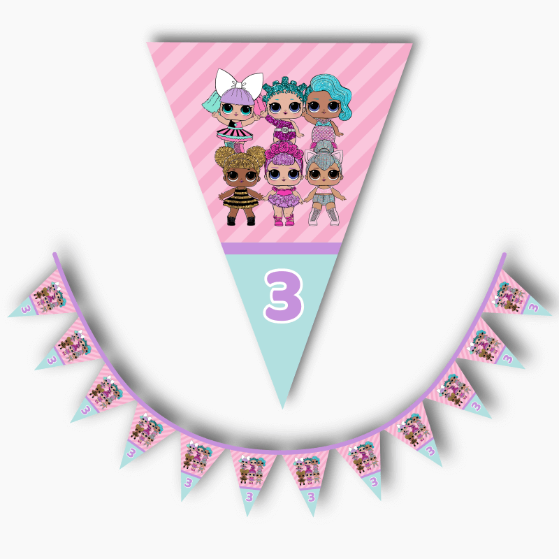 Personalised Purple &amp; Pink Stripe LOL Dolls Birthday Party Flag Bunting with Age