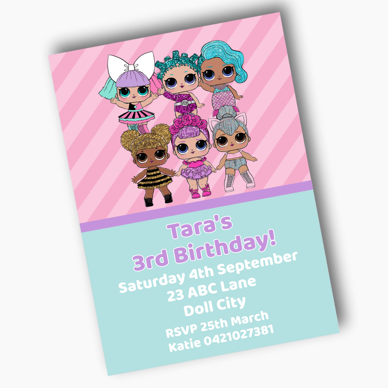 Personalised Purple &amp; Pink Stripe LOL Dolls Birthday Party Invites