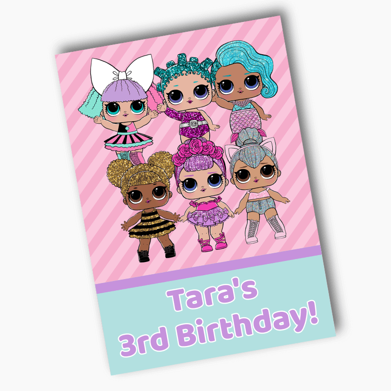 Personalised Purple &amp; Pink Stripe LOL Dolls Birthday Party Posters