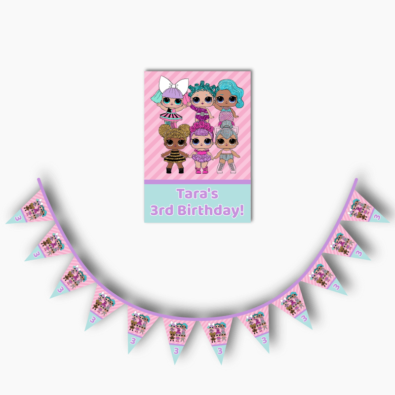 Personalised Purple &amp; Pink Stripe LOL Dolls Party Poster &amp; Flag Bunting Combo