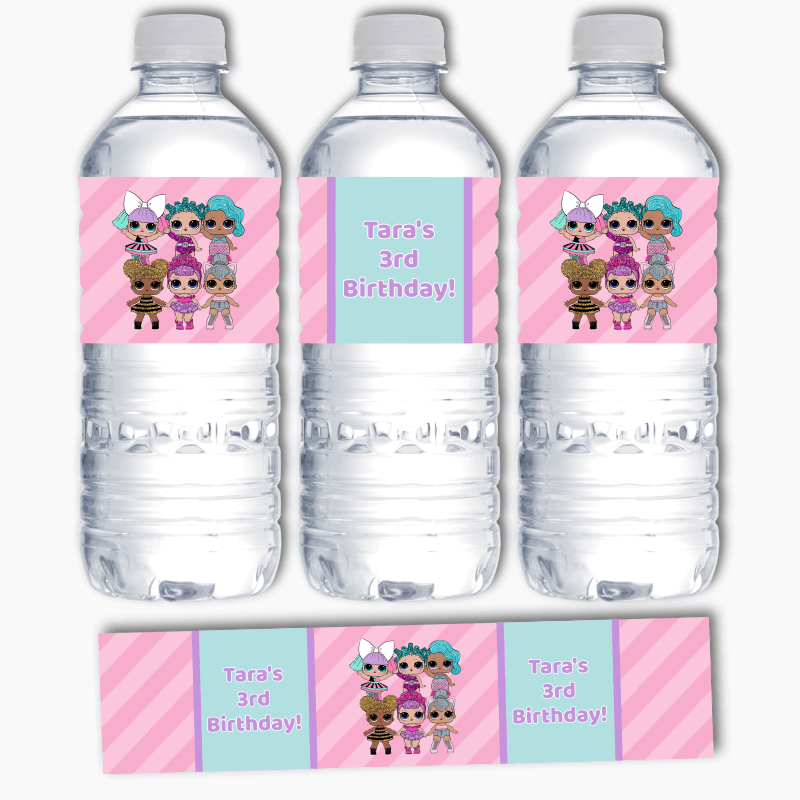 Personalised Purple &amp; Pink Stripe LOL Dolls Birthday Party Water Bottle Labels