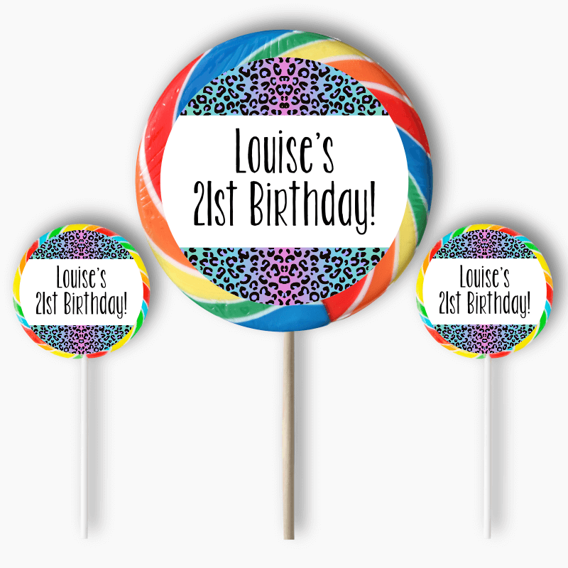 Personalised Rainbow Animal Print Birthday Party Round Lollipop Stickers