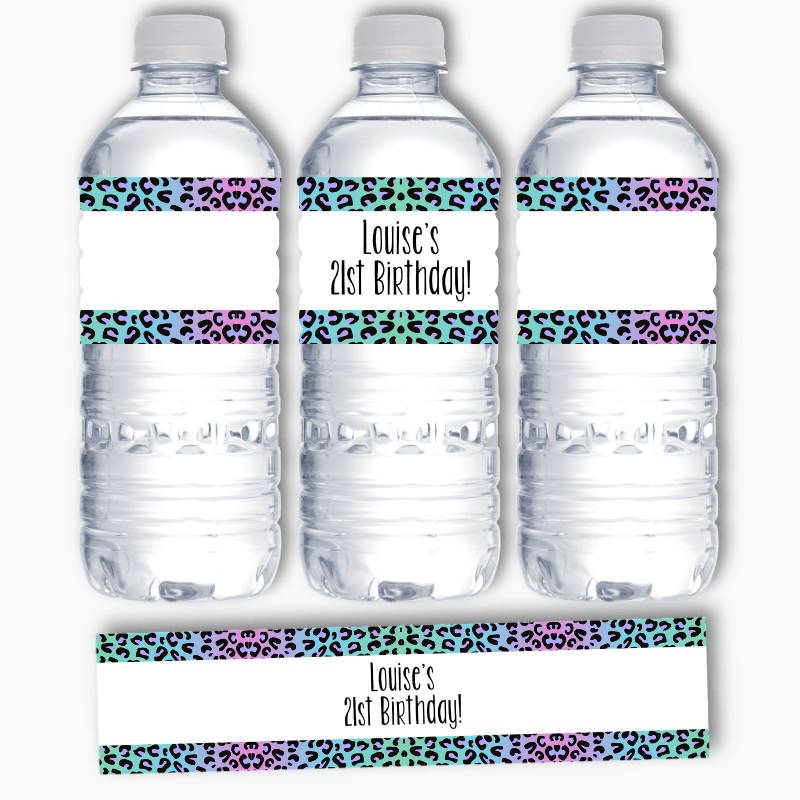 Personalised Rainbow Animal Print Birthday Party Water Bottle Labels