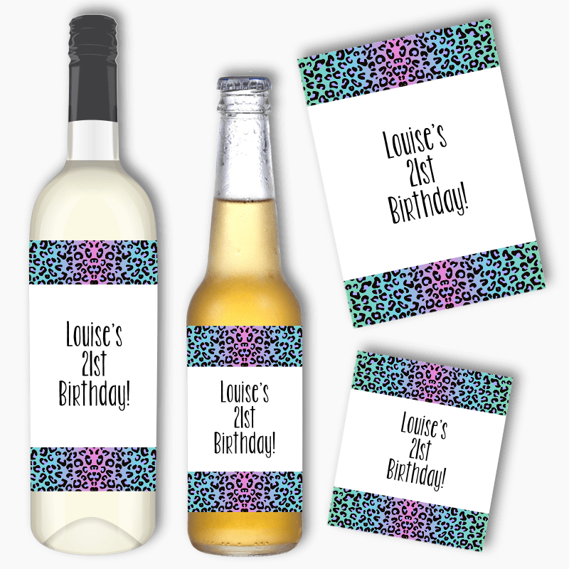 Personalised Rainbow Animal Print Birthday Party Wine &amp; Beer Labels