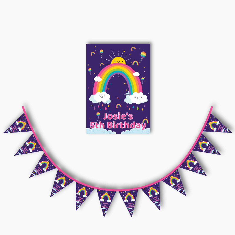 Personalised Rainbow Party Poster &amp; Flag Bunting Combo