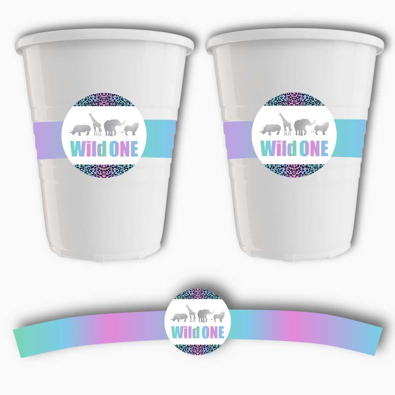 Rainbow &amp; Silver Wild One Birthday Party Cup Stickers