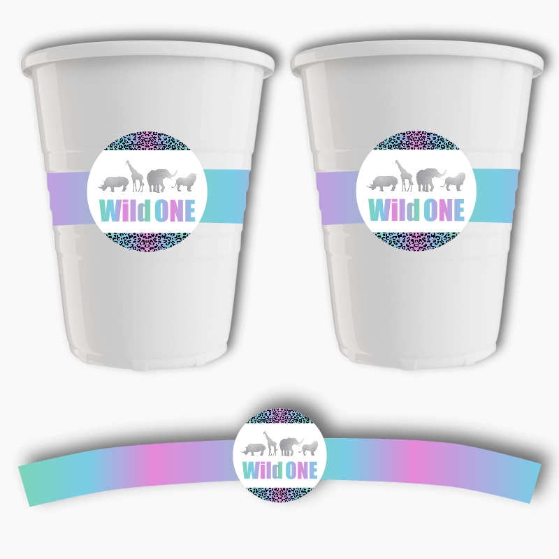Rainbow & Silver Wild One Birthday Party Cup Stickers