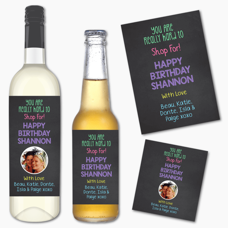 Personalised &#39;Really Hard to Shop For&#39; Birthday Gift Wine &amp; Beer Labels