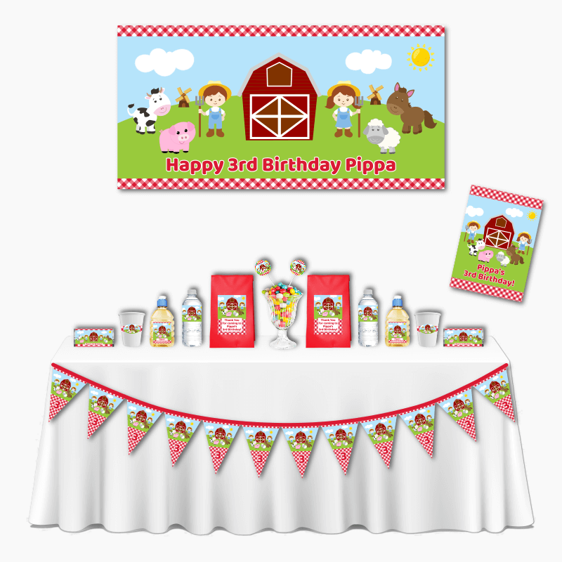 Personalised Red Gingham Barnyard Animals Deluxe Birthday Party Decorations Pack