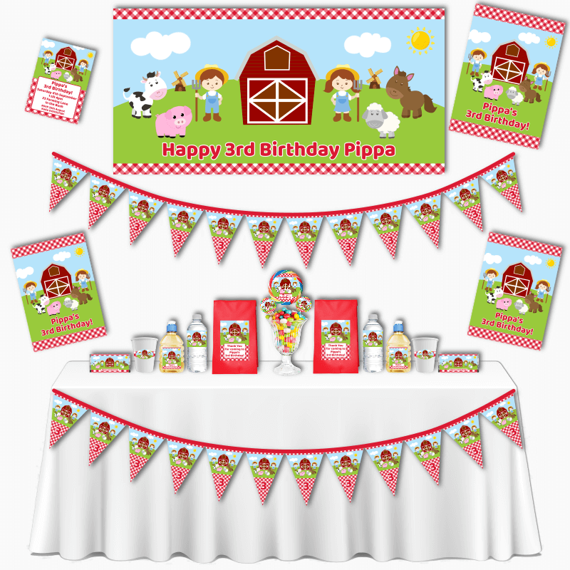 Personalised Red Gingham Barnyard Animals Grand Birthday Party Decorations Pack