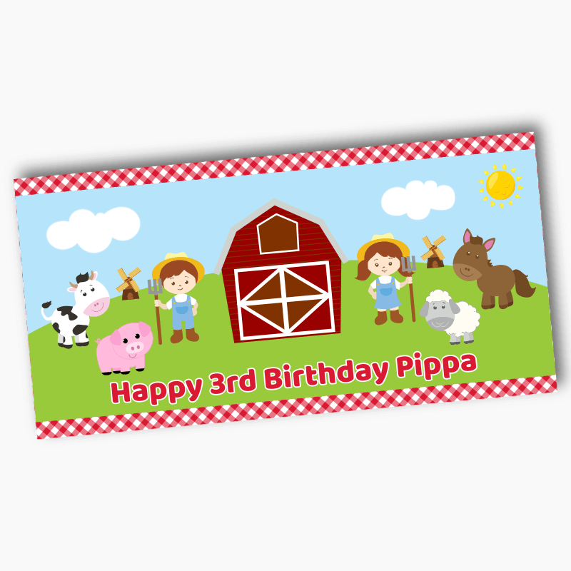 Personalised Barnyard Farm Animals Birthday Party Banners - Red Gingham