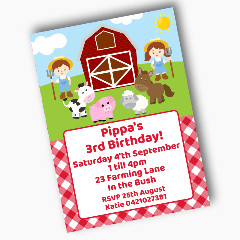 Personalised Barnyard Farm Animals Birthday Party Invites - Red Gingham