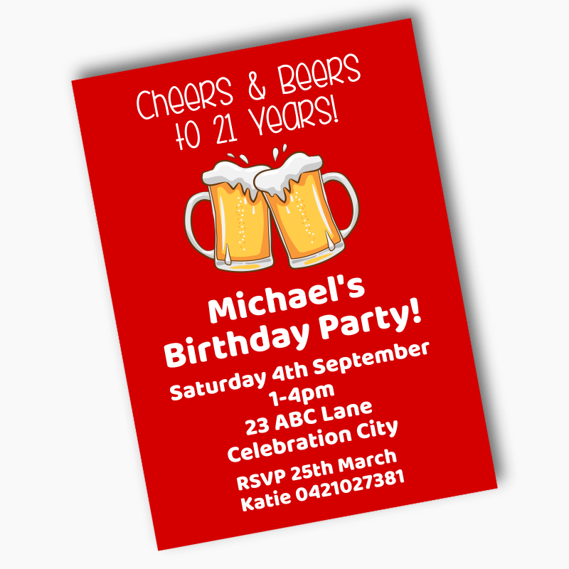Red Cheers & Beers Birthday Party Invites