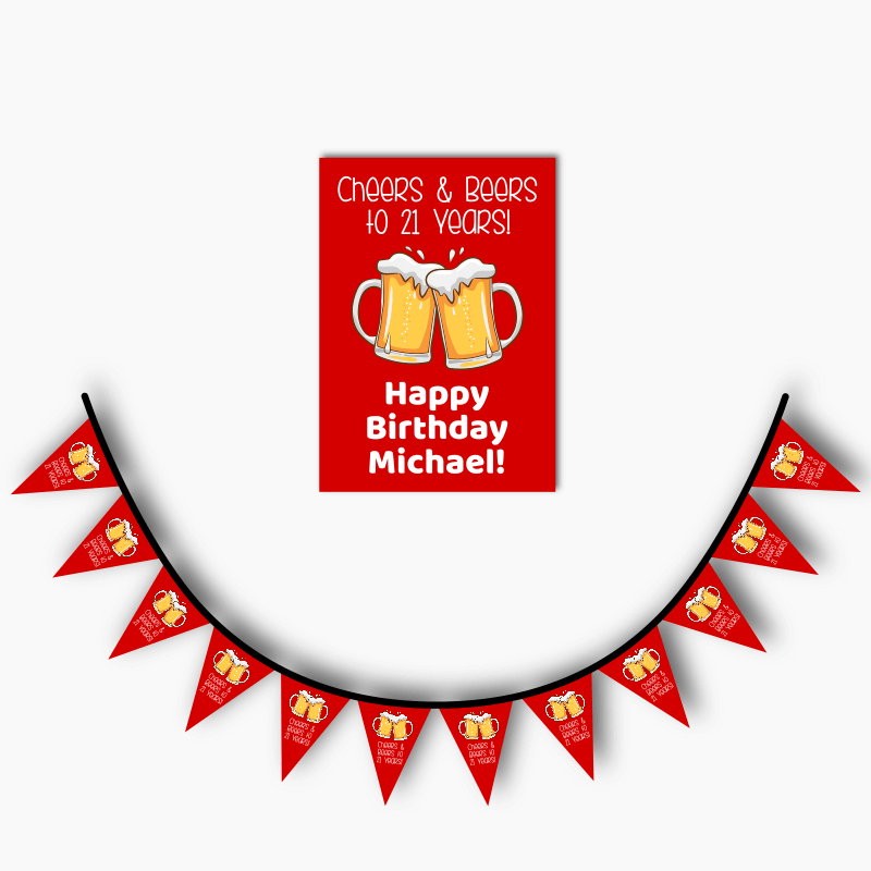 Red Cheers & Beers Birthday Party Poster & Flag Bunting Combo