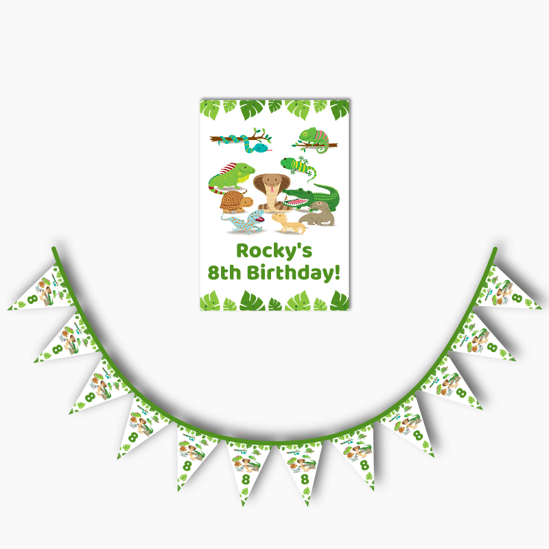 Personalised Reptiles Birthday Party Poster &amp; Flag Bunting Combo