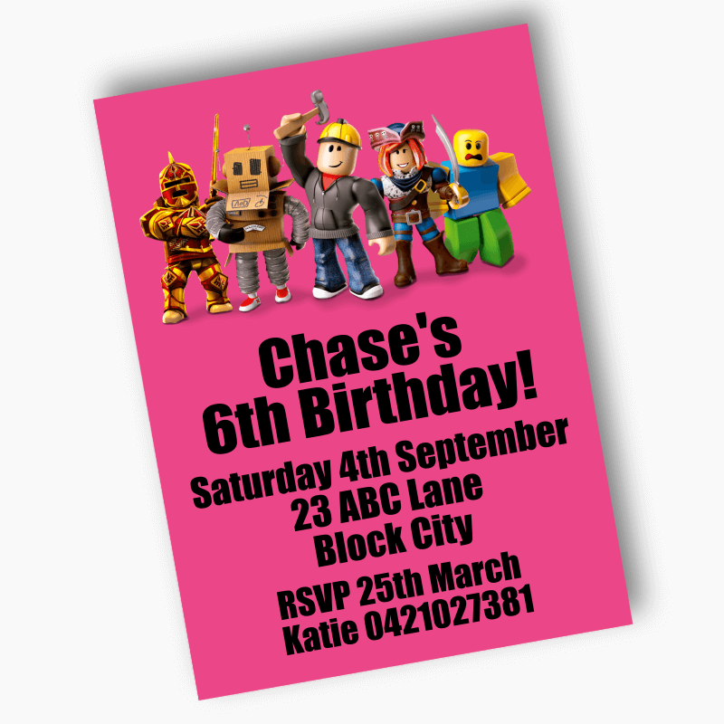 Personalised Roblox Birthday Party Invites - Pink