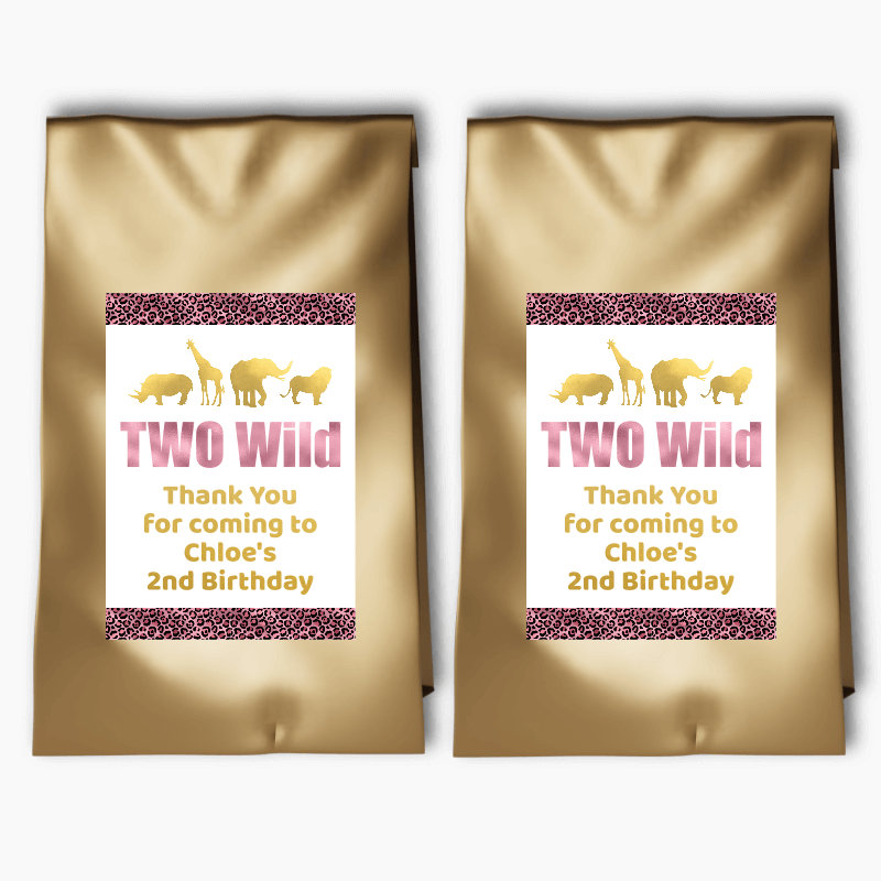 Personalised Rose Pink &amp; Gold Two Wild Birthday Party Bags &amp; Labels