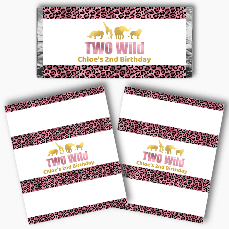 Personalised Rose Pink &amp; Gold Two Wild Birthday Party Mini Chocolate Labels