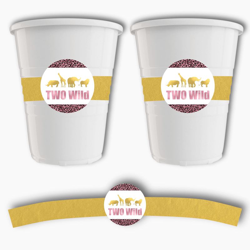 Rose Pink & Gold Two Wild Birthday Party Cup Stickers
