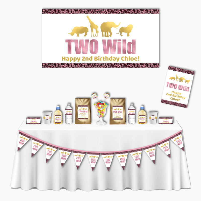 Personalised Rose Pink & Gold Two Wild Deluxe Birthday Party Decorations Pack