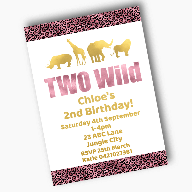 Personalised Rose Pink &amp; Gold Two Wild Birthday Party Invites
