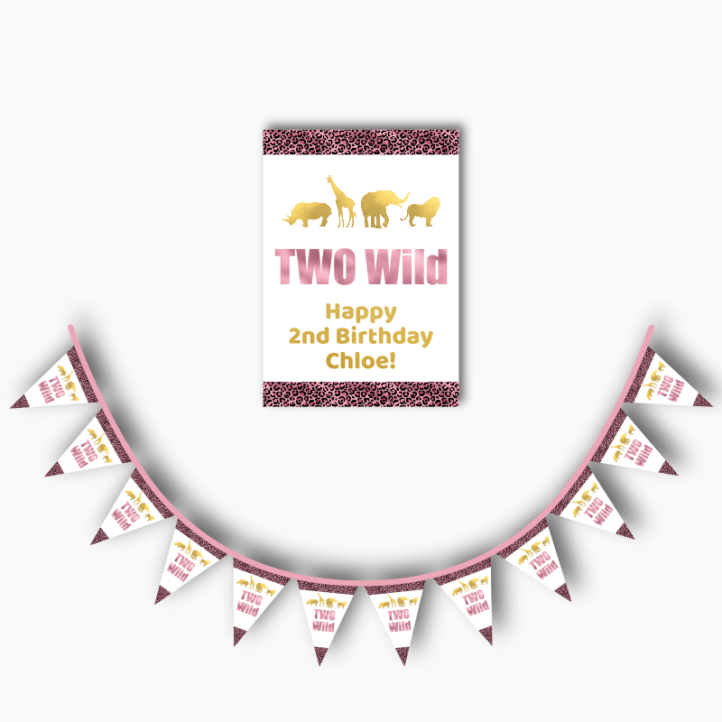 Personalised Rose Pink &amp; Gold Two Wild Party Poster &amp; Flag Bunting Combo