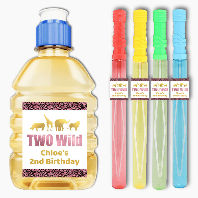 Personalised Rose Pink & Gold Two Wild Birthday Party Rectangle Favour Stickers
