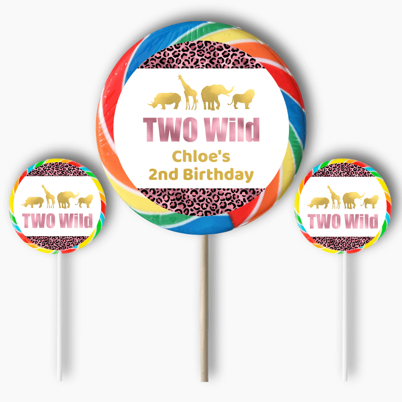 Personalised Rose Pink &amp; Gold Two Wild Birthday Party Round Stickers