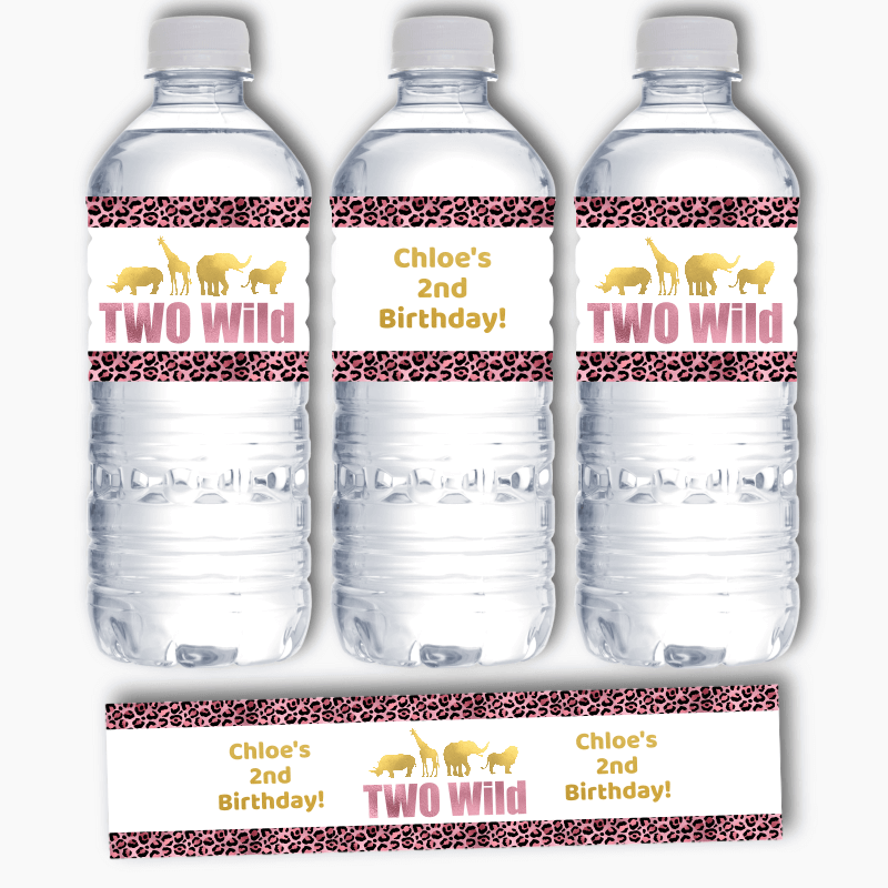 Personalised Rose Pink &amp; Gold Two Wild Birthday Party Water Bottle Labels