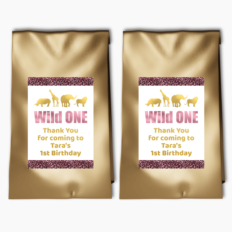 Personalised Rose Pink & Gold Wild One Birthday Party Bags & Labels